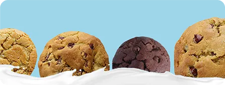 Four A2 dairy cookies: chocolate chip, double chocolate, peanut butter, and sugar cookie